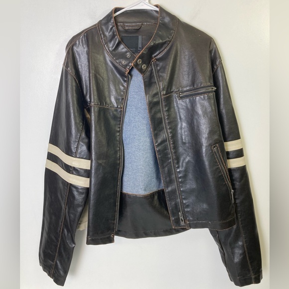 Vintage Men’s Brown Bomber Jacket w Cream Sides and Stripes on Sleeves, Large - Picture 3 of 15